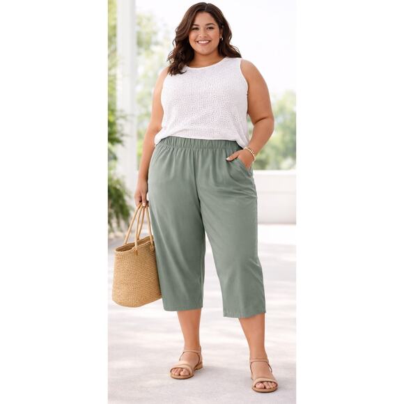 Talbots Pants - T By Talbots Pants Size 2X Wide Crop Leg Stretch High Rise Green Casual Coastal